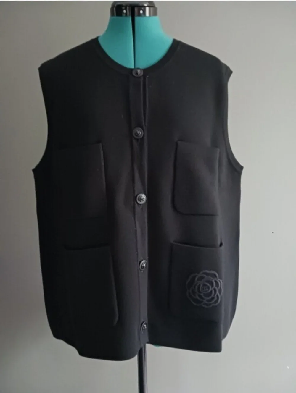 Chanel Uniforms Black Sleeveless Button-Front Pocket Vest - Classic ,size XXL